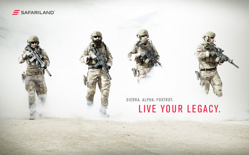 Soldiers  in a desert landscape with 'Safariland' branding.