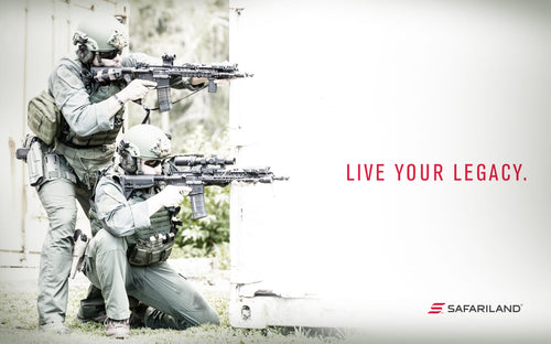 Two soldiers in tactical gear with rifles, with 'Live Your Legacy' text and Safariland logo.