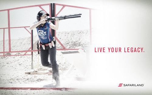 Person in shooting stance with rifle, wearing a blue shirt and black pants, with 'Live Your Legacy' text and Safariland logo.