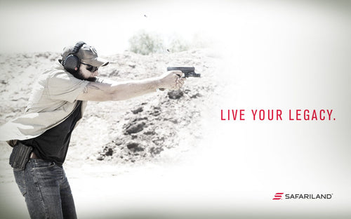 Person holding a gun with 'Live Your Legacy' text and Safariland logo on a white background
