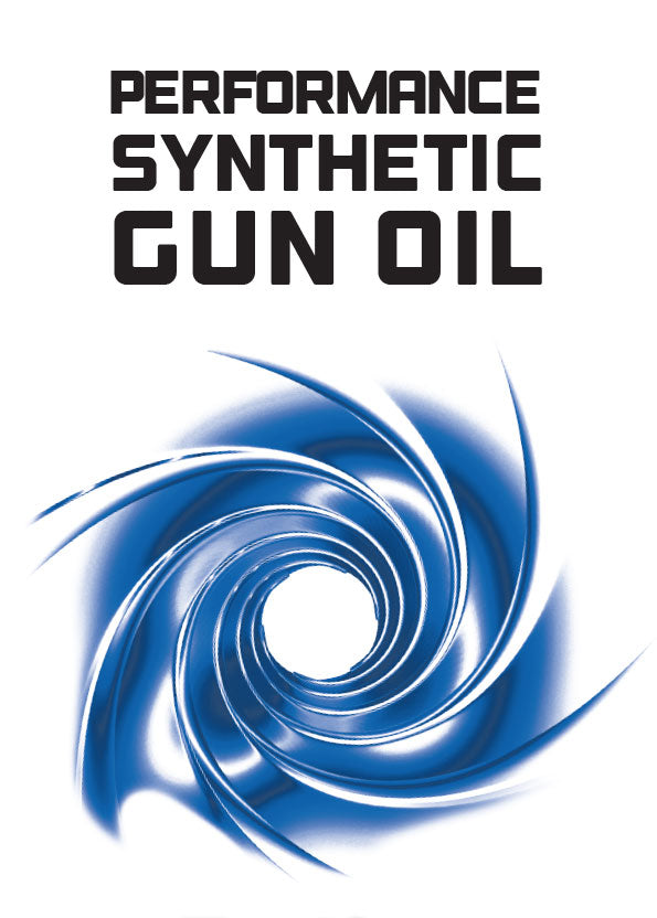 performance synthetic gun oil with a blue swirl design on a white background.